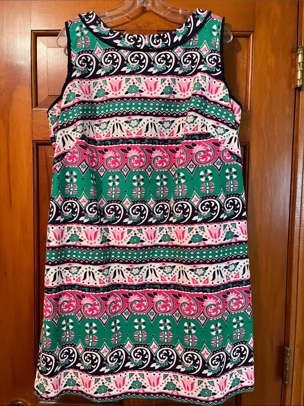 Talbots Green Pink Black White Printed Sleeveless Shift Dress